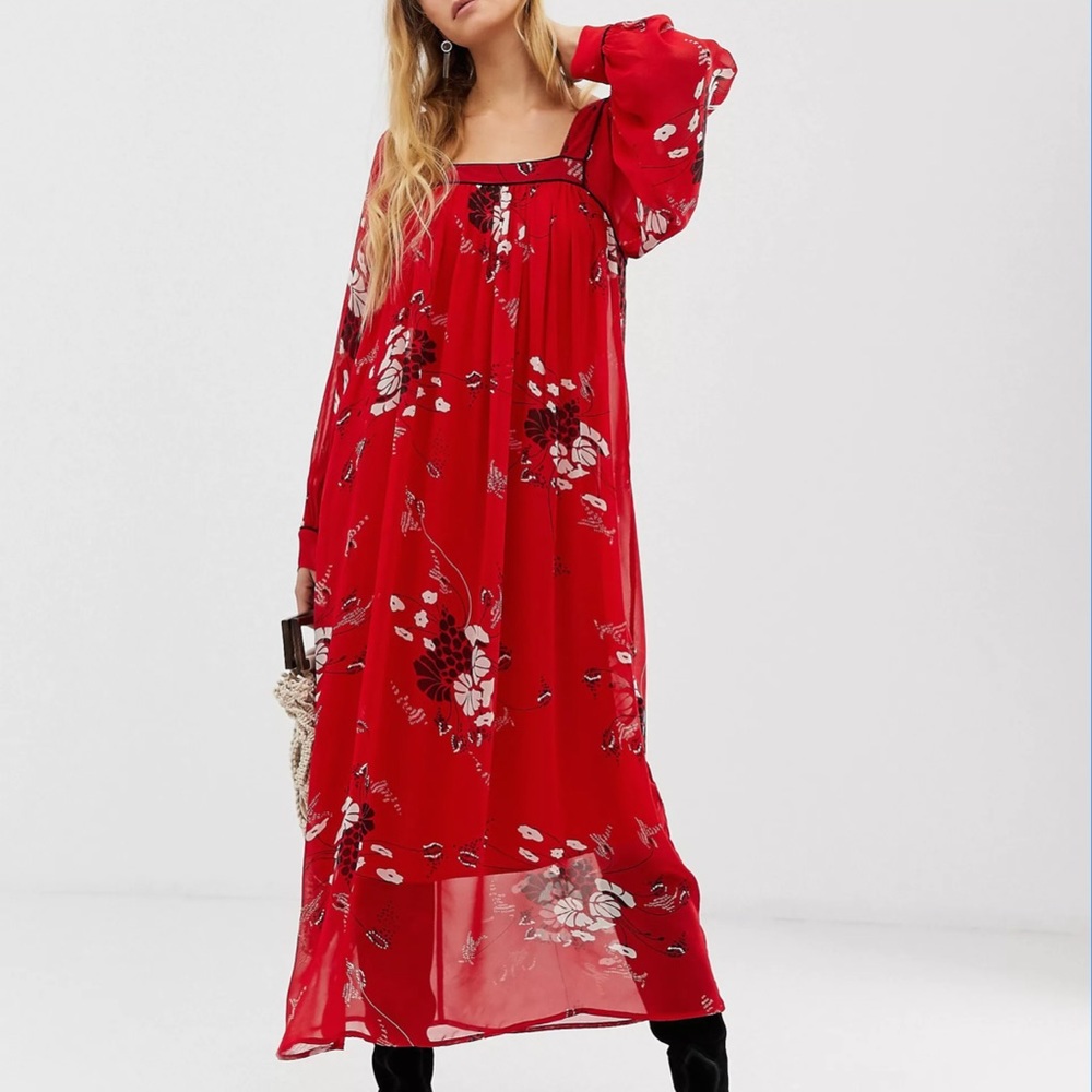 NEW - ASOS square neck Red floral/sheer Dress